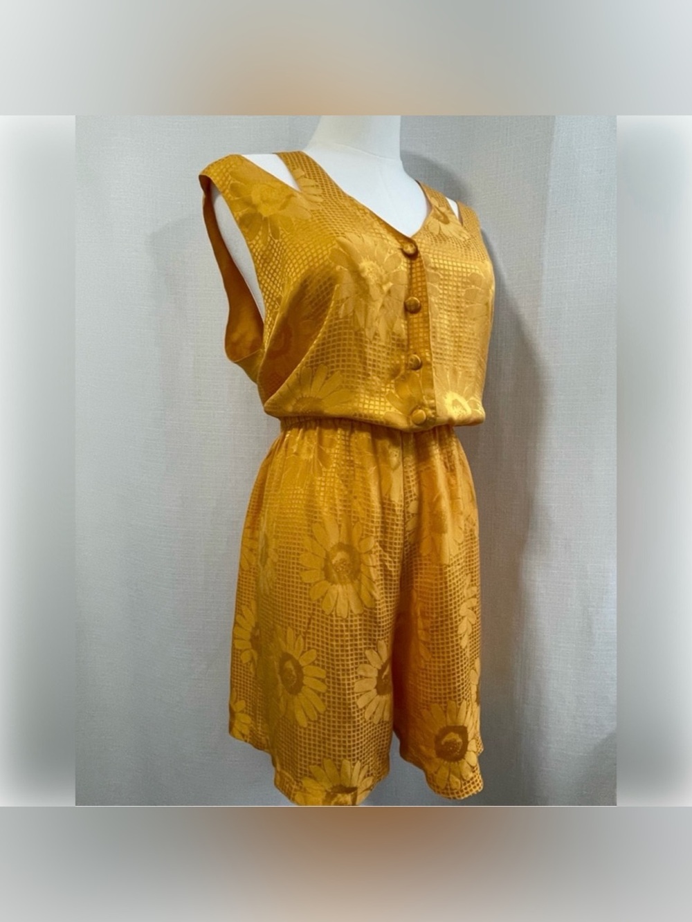 Linda Hartman Vintage Silk Romper Sunflower Jacquard Gold Jumpsuit Large 70s